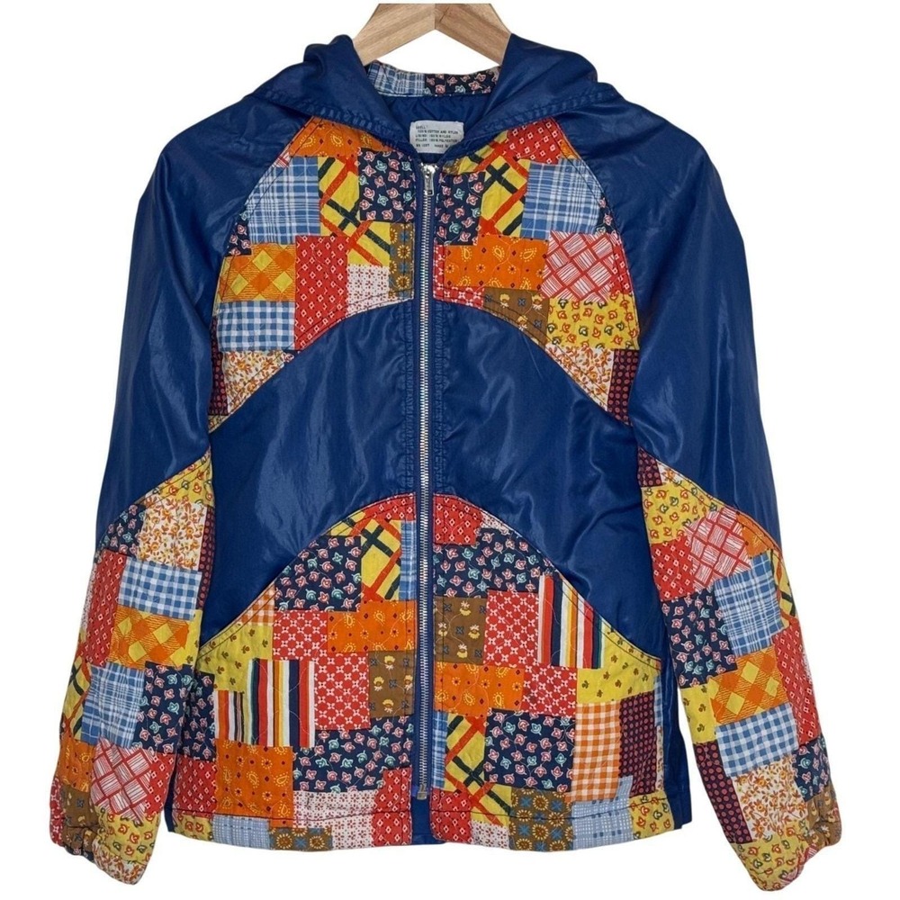 Vintage c. 1990 Made in Japan Patchwork Hooded Jacket Boho Cotton Nylon S M - Picture 2 of 8